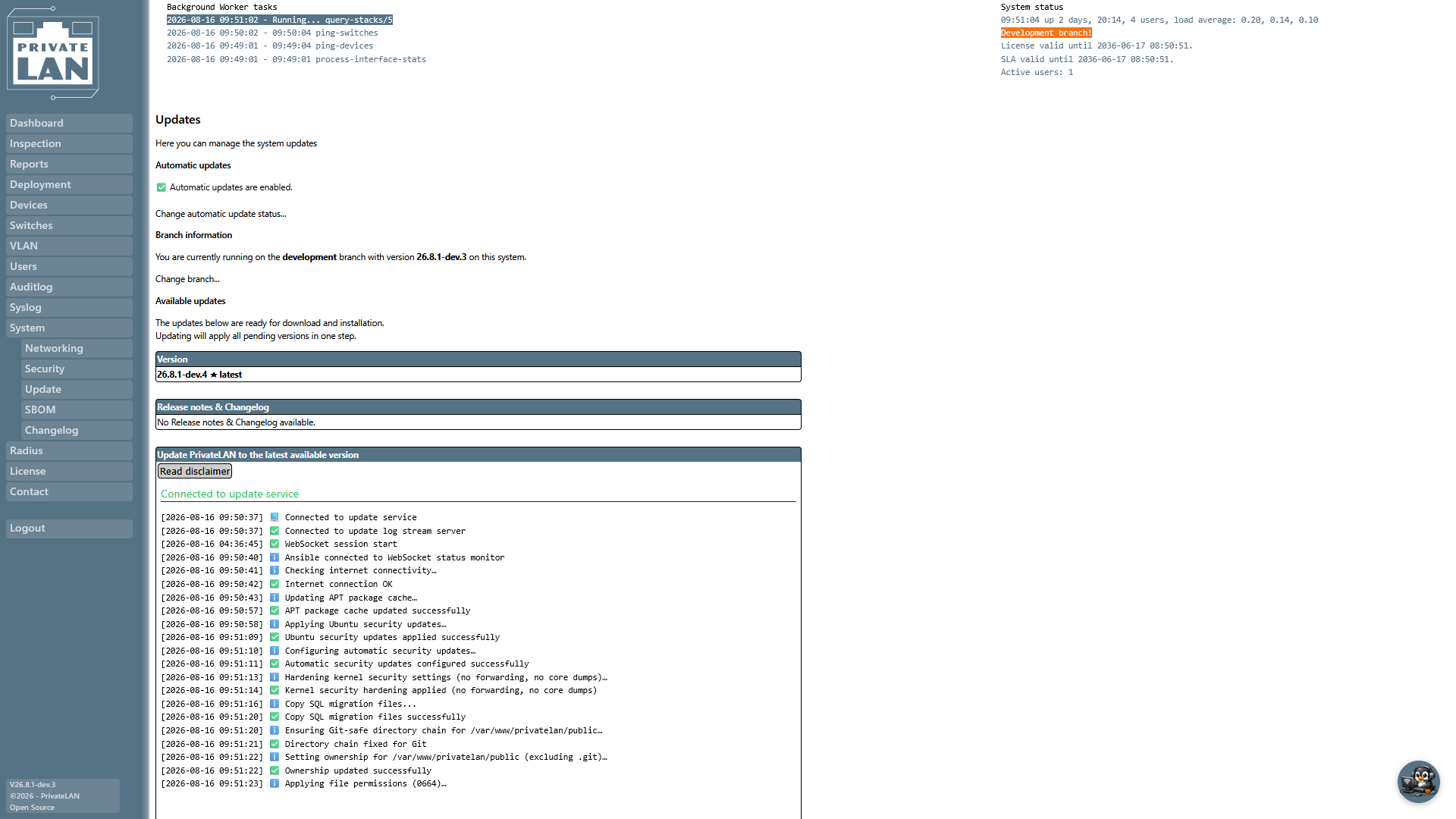 De updatepagina van PrivateLAN