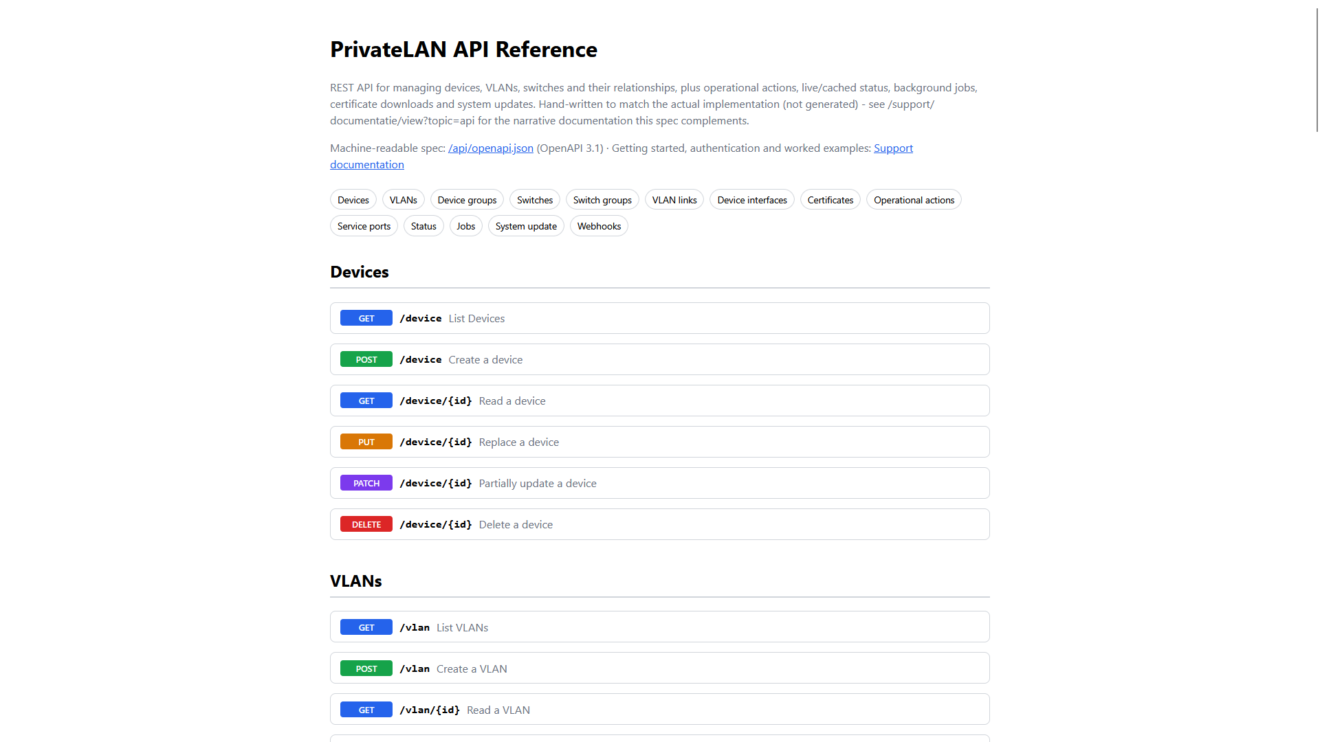 De API-referentiepagina van PrivateLAN